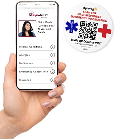 DynOtag® Web habilitado ID SMART Medical/Informações de emergência Decalque de grama de pára -brisa com Dynoiq ™ & Lifetime Service