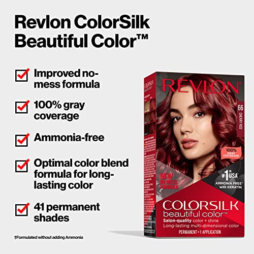 Cor de cabelo permanente por Revlon, tintura de cabelo ruiva permanente, Colorsilk com cobertura cinza, livre de amônia, queratina e aminoácidos, tons vermelhos