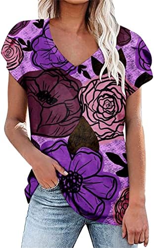 Tops femininos camisetas casuais de moda casual V camisetas estampadas florais de pescoço