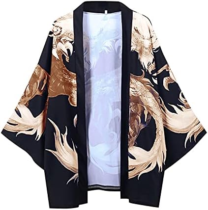 XXBR Japanese Kimono Cardigan para homens, Frente solta Aberta 3/4 manga leve ukiyoe dragão casaco