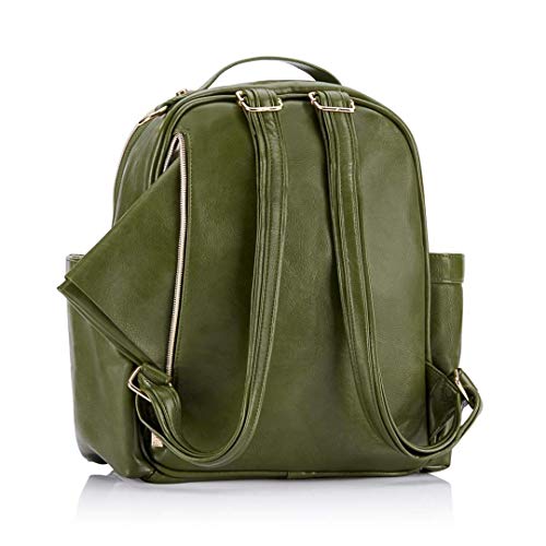 Mini mochila Itzy Ritzy Backpack-Mini-fralda chique Mochila com troca de couro vegano, 8 bolsos totais, alça de top e pés de borracha, azeitona