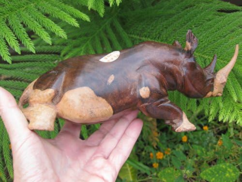 Rinoceronte de madeira de teca esculpida genuína, da África, Quênia, 720 g, 11 ”= 26cm