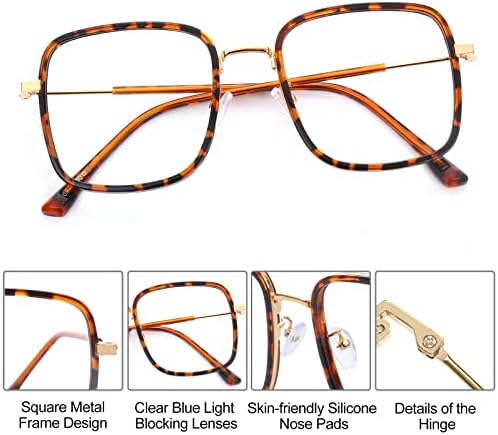 Illaoi Blue Light Glasses for Mulher Men - Computador quadrado de grandes dimensões Bloqueando óculos de bloqueio de óculos anti -Eyestrain Metal Frame