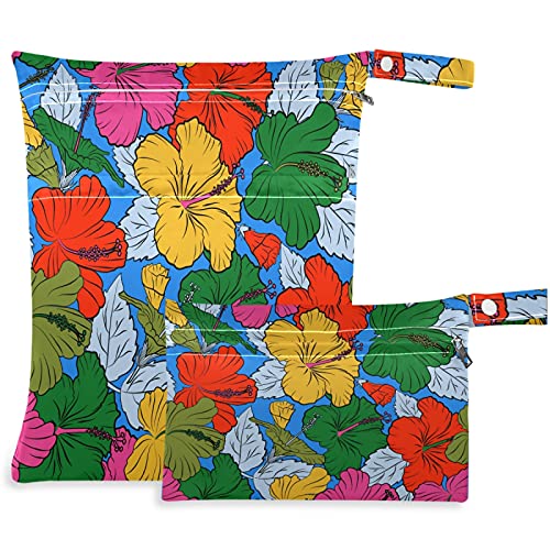 VISESUNNY Tropical Colorido Flower 2pcs bolsa molhada com bolsos com zíper lava -vagal lavável para viajar, praia,
