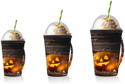 Halloween Pumpkin Lantern 65 Manga de café gelada reutilizável com manga de neoprene de alça para refrigerante,
