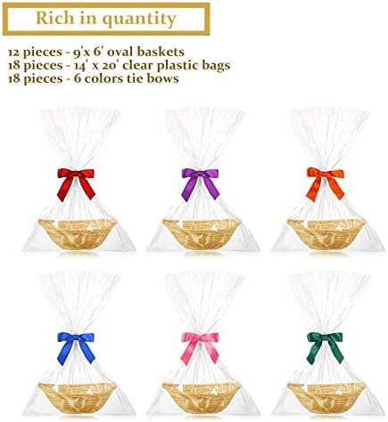 Yulejo 12 pcs vazios ovais cestas de cesta de cesto de cesta de alimentos cestas de cesta de frutas cestas de presente com 18 pcs ardentes coloridos gravatas e 18 pcs sacos de presente transparentes para frutas, biscoitos, pão, cozinha, 9 x 7 x 3 polegadas