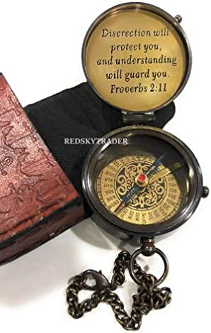 Brass Compass Protectará vocês Provérbios 2:11 Compússica antiga com âncora de couro estampada