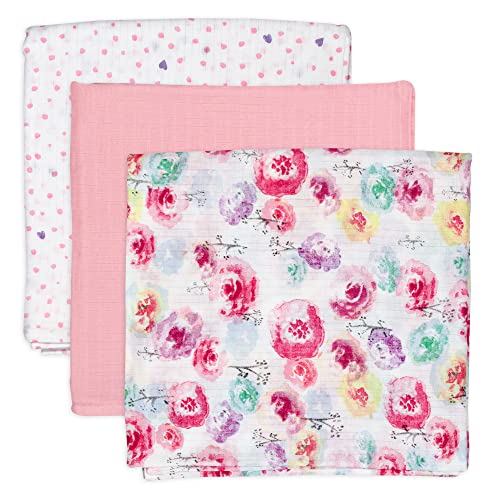 Pacote de cama de algodão orgânico Honestbaby, capa de 2 pacote de troca de embalagem, 1 lençol de berço ajustado, 3 cobertor de swaddle, 1 cobertor acolchoado, tamanho único, flor de rosa