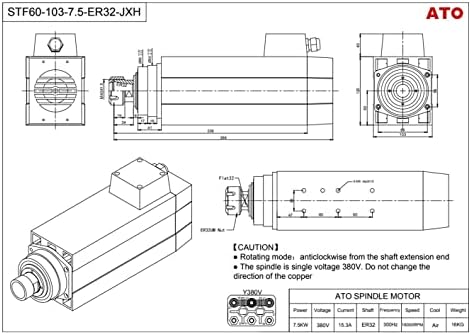 Motor do eixo CNC ATO 380V Motor do fuso CNC resfriado a ar 380V, 7kW, 18000rpm 400Hz Motor do fuso, para máquina de roteador CNC