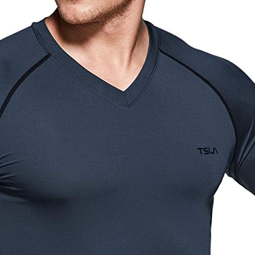 TSLA Men's Tactical decote em V Camisetas de compressão longa, camisa de treino atlético seco,