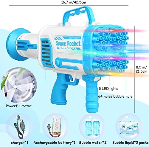 Pistola de bolha de bazuca com luzes flash | 64 orifícios metralhadoras bolhas para crianças adultos | metralhadora