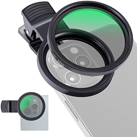 Filtro de CPL da Neewer para telefone, filtro de polarização de lentes da câmera de 52 mm com clipe de lente atualizado compatível com iPhone 14 pro máximo 13 pro máximo 13 mini 12 11 x xs max samsung galaxy