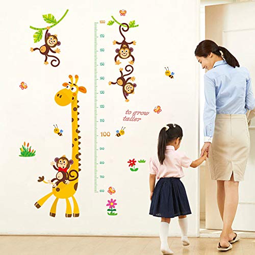 Wallpark Macaco fofo girafa altura do gráfico de altura, medição de altura de altura Medida de altura decalque de adesivo de parede Removível, crianças crianças garotos de bebê berçário DIY decesivo de arte decorativa mural de parede