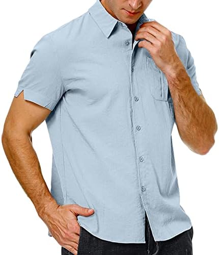 Botão de linho de algodão masculino Camisa casual de manga curta Camisas de praia lisam camisas leves