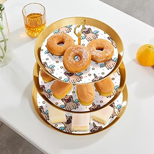 3 Placa de fruta de cupcakes de 3 camadas de sobremesa Plástico para servir suporte de exibição para casamento de aniversário Decorações de chá de chá de chá de bebê redondo, cão pug cães padrão de unicórnio
