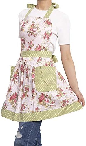 Avental floral de algodão feminino com bolsos, laços longos ajustáveis ​​para cozinha de cozinha, assar e jardinagem, 28x20 polegadas