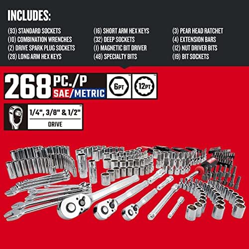 Conjunto de ferramentas de mecânica de artesão, conjunto de ferramentas de combinação padrão e métrico, 268 peças