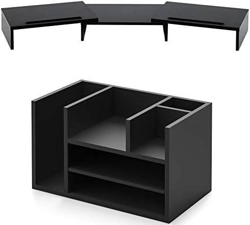 FitUeyes Dual Monitor Stand com suporte para celulares e organizador de mesa de madeira com 6 compartimentos, preto
