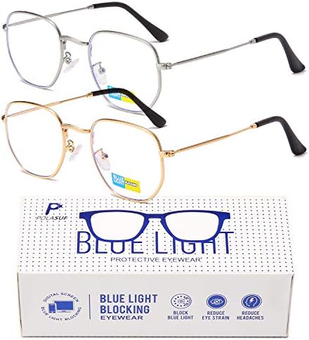Polasup Blue Light bloqueando óculos redondos para homens Men metal quadrado de molduras, óculos de jogos de computador anti -UV