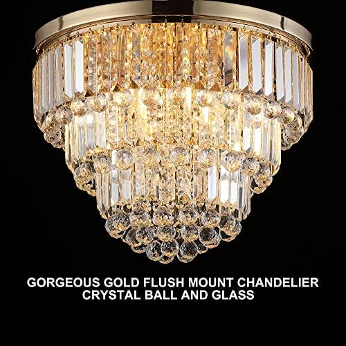 Cotulin Modern K9 Crystal Gold Mount Chandelier, luminária de teto de cristal redonda de três camadas com gotas de chuva de cristal para quarto da sala de jantar da sala de estar, 6 luzes D20 x H16
