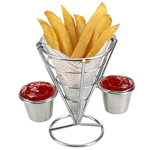 Quaanti Frie Fries Stand/cesto com pratos de molho duplo que serve bandeja, bandeja de festa de aço inoxidável para batatas fritas de cones de pipoca frutas