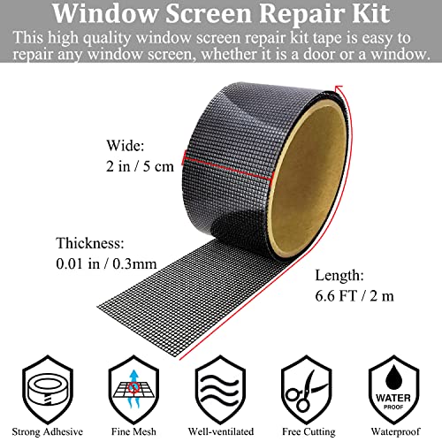 2Rolls Kit de fitas de reparo de tela de janela premium, 3 camadas de 3 camadas de fibra de vidro autônoma de 3 camadas para remendar portas de telas para lágrimas, arranhões, orifícios reparando substituições, preto, 2in × 6,6ft