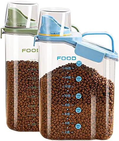 寵幸 2 pacote de 2,5 lb/2.5l Pet Alimentos Storage Recurter com copo de medição, pode tampas e tigela para cães pequenos, gatos, fivelas de foca dispensador de alimentos