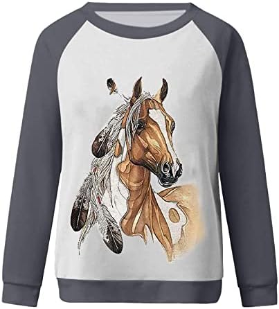 Camisa de pintura a óleo de cavalo Mulheres moda colorida bloco de moletons de manga longa Crewneck tops raglan suéteres