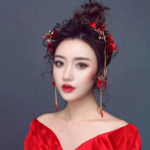 Wenlii Trendy 3pcs/set Bandas de cabeça de flor de pérolas vermelhas para mulheres borlas de noiva Tiara Banda de cabelo chinesa Cabelo de noiva acessórios