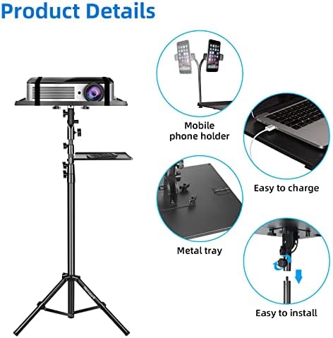 Mercase Projector Tripod Stand com 2 prateleiras Altura ajustável 31 a 57 polegadas, suporte de tripé dobrável, suporte portátil para laptop, projetor, câmera,