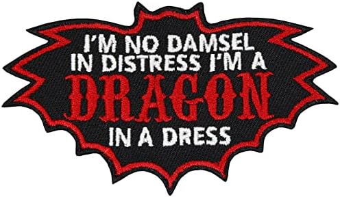 Dragon Iron-on Patch Não sou donzela em angustiado, sou um dragão em um vestido Adoro patches para todos os tecidos | Adesivo de citações para ferro para usar roupas | Aplique de tecido | 3.93x2.36 in