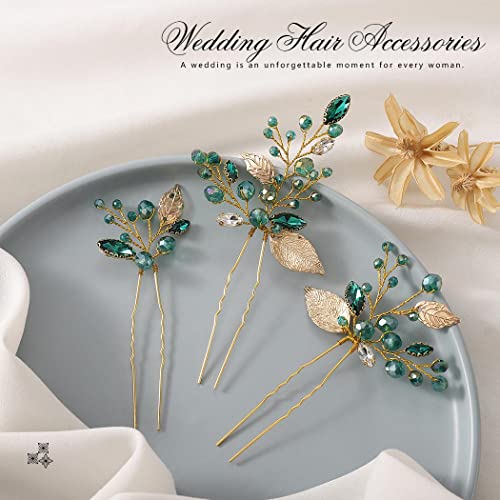 Latioso casamento no noivo folha pinos de cabelo vintage esmeralda de cristal verde peças de cabelo de noiva Rhinestones