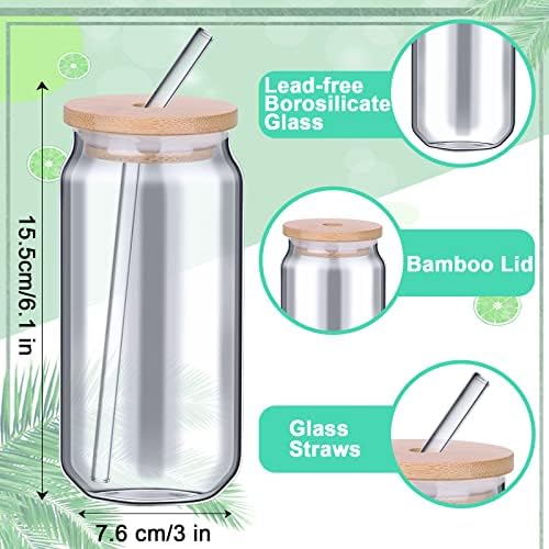 Darckle 12 Pack Beer Lan Glass com tampas de bambu e palha de 16 onças de bebida copos pode copo de copos de vidro de copos reutilizável de cerveja reutilizada em forma de vidro alto de borossilicato ótimo para smoothies, chá, cola, suco, refrigerante