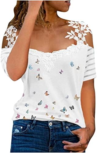 MENINAS TOPS MANEIRA CURTA BLUSES DE ombro frio Tshirts Vneck Lace Butterfly Graphic Loose Fit Hechole Patchwork Tops