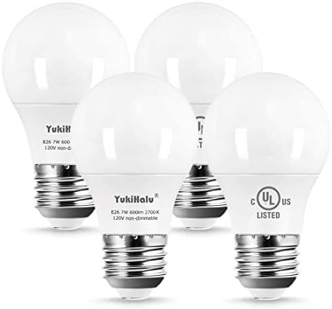 Lâmpadas LED de Yukihalu A15, equivalente 60W, base E26, 2700K/3000K/5000K White, 7W 600 lumens 120V, Ul listados, lâmpadas de ventilador de teto, lâmpadas de eletrodomésticos, não prejudicáveis, pacote de 4