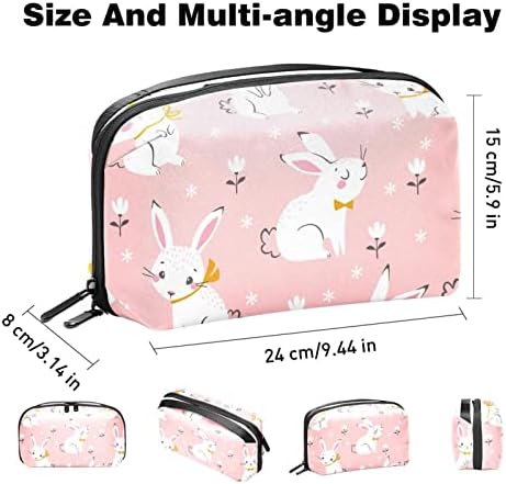 Cartoon Flores brancas de coelho Organizador eletrônico rosa, caixa de proteção à prova de choque, bolsa de bolsa organizadora de cabos pequenos de viagem