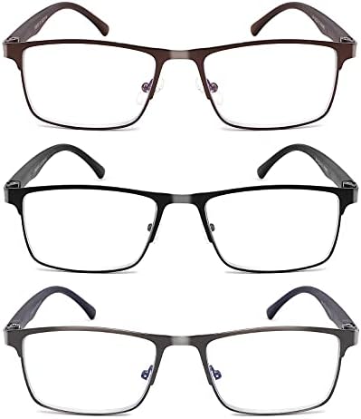 Óculos de leitura de 3 pacote de 3 pacote CRGATV para homens Blue Filtragem de moldura cheia de metal anti-UV/ocular