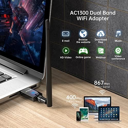 Adaptador Wi-Fi USB 3.0 EDUP AC1300M com Antena 5DBI Dual Band 2.4g/5,8 GHz Compatível com Windows 11/10/7/8 /8.1/XP, Mac OS X 10.6-10.15