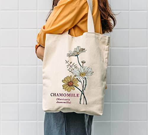Sacola de botânica floral de lona para mulheres, sacolas de supermercado reutilizáveis, sacolas fofas de