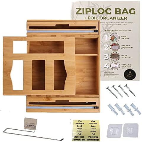 Jema Pearl Ziplock Bag Organizer alumínio e dispensador de plástico com cortador, 6 em 1 organizador de saquinhos para pacote de gavetas com suporte de toalha de papel