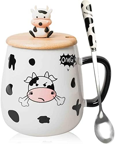 Xefinal Cute de vaca caneca com capa e colher, caneca de café de vaca cerâmica, 420ml Kawaii Cow Canecas,