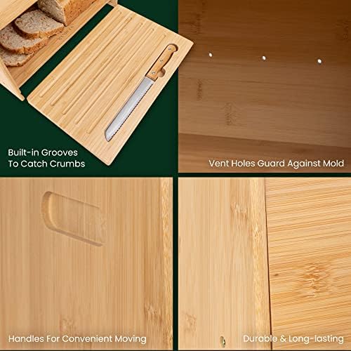 Caixa de pão de bambu Bambula 3in1 para bancada de cozinha com tábua de corte - grande caixa de pão de madeira perfeita para decoração de fazenda rústica - lixeira de pão ventilada mantém pão mais fresco