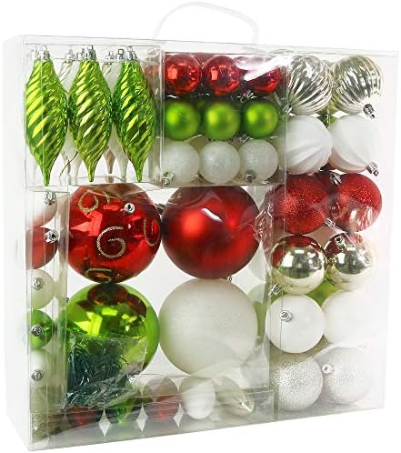 R N 'D Toys rn'd Christmas Decorative Ball Orninents - Red e verde Bola de Natal Hanging Tree Ornament Setes e tamanhos variados com ganchos - 75 peças Conjunto de peças