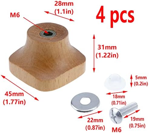 Botão da tampa de madeira de madeira risbay, alça de substituição universal de cozinha de cozinha com parafusos, botão de tampa quadrada, 4 pacote