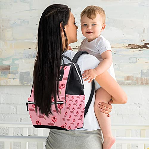 Bolsas de fraldas do padrão floral de girassol rosa Backpack Mummy Backpack de grande capacidade Bolsa de enfermagem Bolsa de viagem para cuidados com o bebê