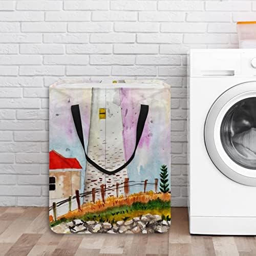 Cesto de lavanderia dobrável com estampa de farol de aquarela, cestas de lavanderia à prova d'água
