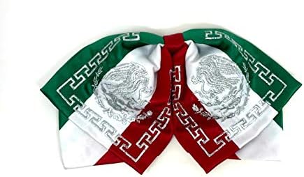 México Charro Bow Tie Green White e Red Elastic Band detalhando a gravata de gravata mexicana Charro Mono de