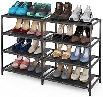 Organizador de rack de sapatos de 4 camadas para armário, armazenamento de prateleira de sapatos de metal para o quarto de garagem para entrada, pequeno suporte de sapato preto empilhável