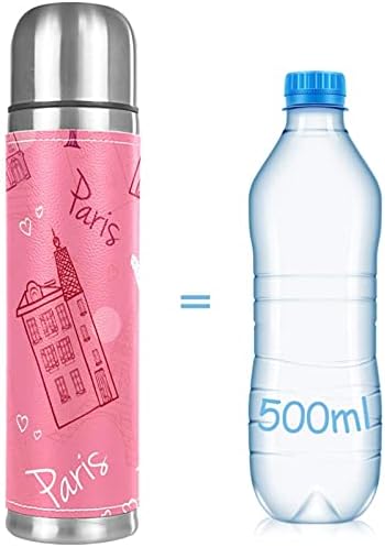 A vácuo de couro inoxidável a vácuo caneca isolada paris rosa garrafa de água térmica para bebidas quentes