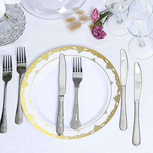 Placas de salada de plástico redondo com aro de renda ornamentada - 7,5 | Branco/ouro | pacote de 10
